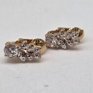 Vintage Lind 14K HGE Gold Plated Cubic Zirconia CZ Post Earrings Floral Leaf